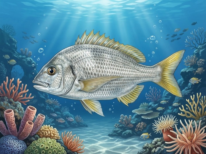 黃腳鱲 Yellowfin Seabream 圖鑑插畫